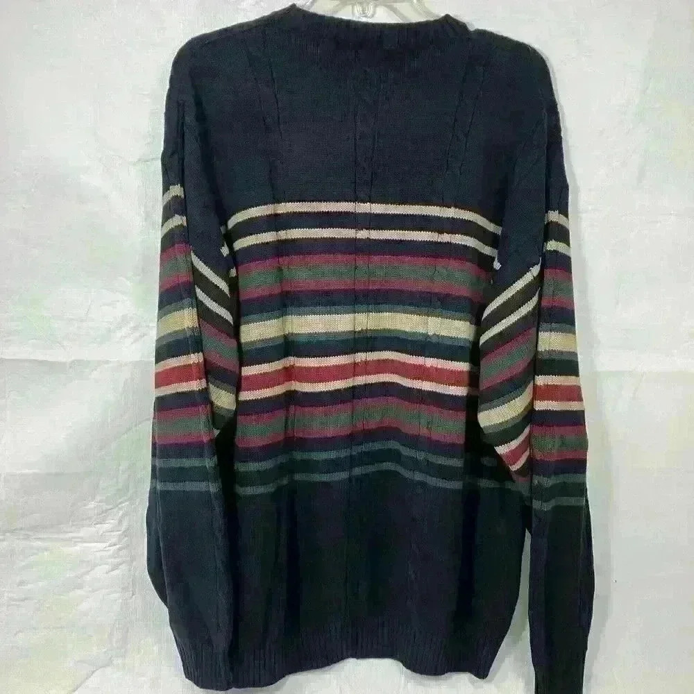 Vintage 90s Cotton Traders Mens XL Navy Blue Striped Sweater Grunge‎ Grandpacore - Picture 6 of 7